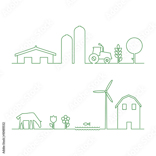 Thin line flat design of rural landscape. Thin line abstract countryside with tractor, sun and corn. Set of design elements for rural landscape with house and wind mill.