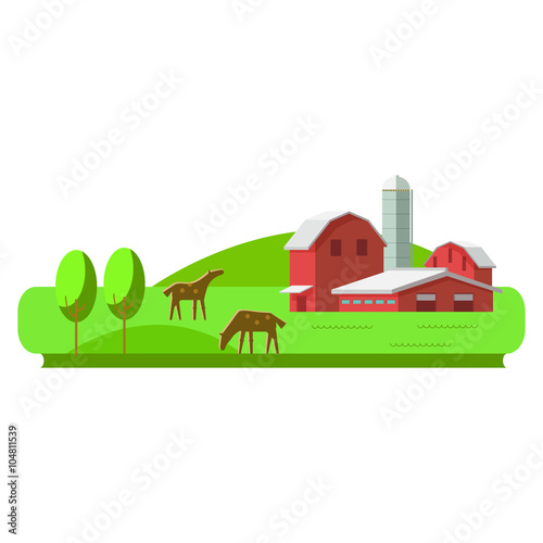 Fototapeta Naklejka Na Ścianę i Meble -   Vector illustration rural landscape. Rural landscape with hill, farm, animals. Rural life. Rural lifestyle. Rural landscape with rural buildings, farm, valley