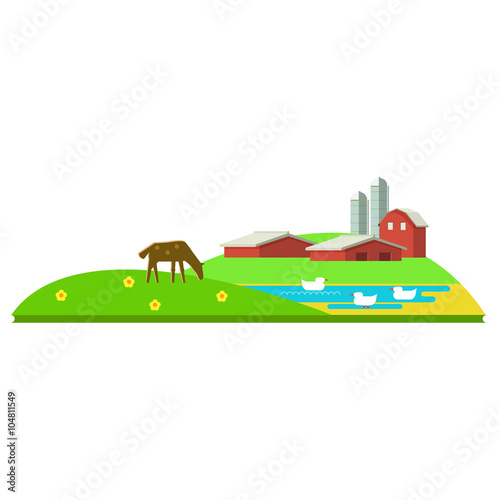  Vector illustration rural landscape. Rural landscape with hill, farm, animals. Rural life. Rural lifestyle. Rural landscape with rural buildings, farm, valley