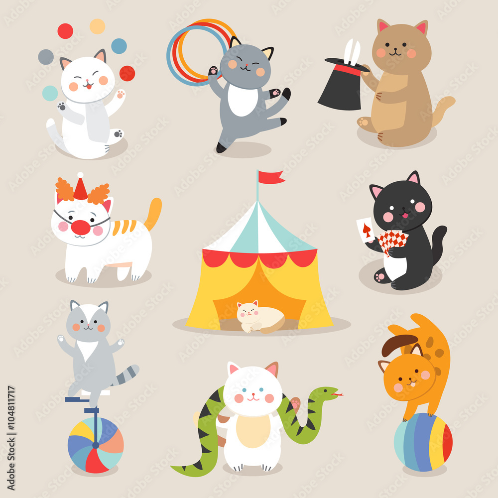 Set of cheerful circus playing cats vector illustration. Set of cheerful circus playing cats vector illustration.