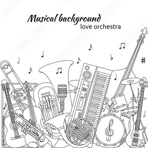 Musical background made of different musical instruments, treble clef and notes. Black and white colors. Set of line icons in music theme. Good for coloring books. Vector illustration.