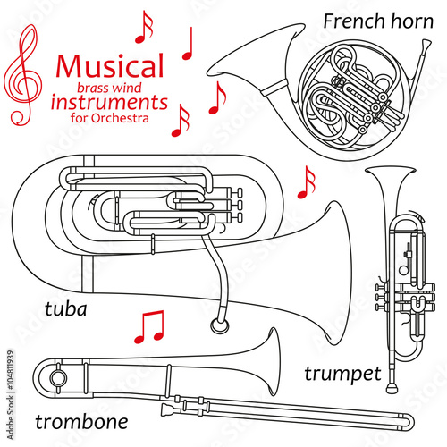 Set of line icons. Musical brass wind instruments for orchestra. Info graphic elements. Simple design. Good for coloring books. Vector illustration