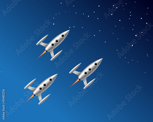 Vector illustration of a flying three rockets in the starry sky