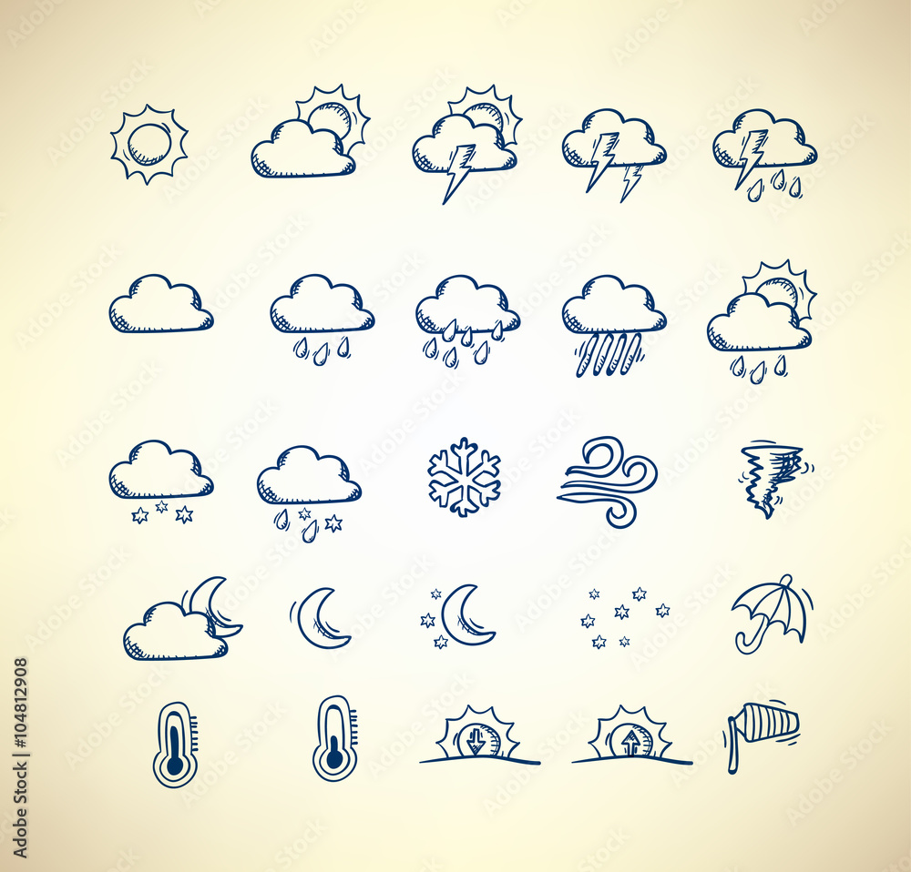 Collection of hand drawn weather forecast icons - obrazy, fototapety, plakaty 