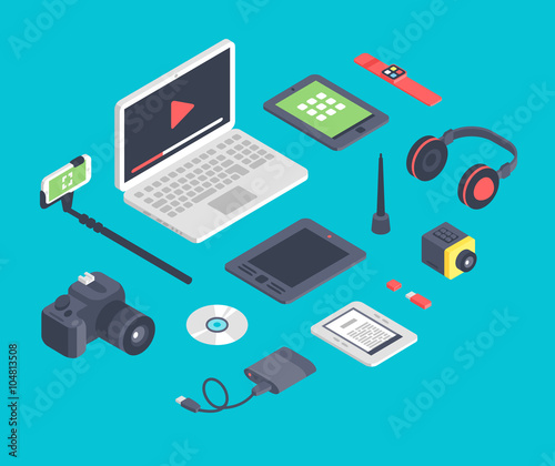 Vector set of isometric designer workplace table devices icons