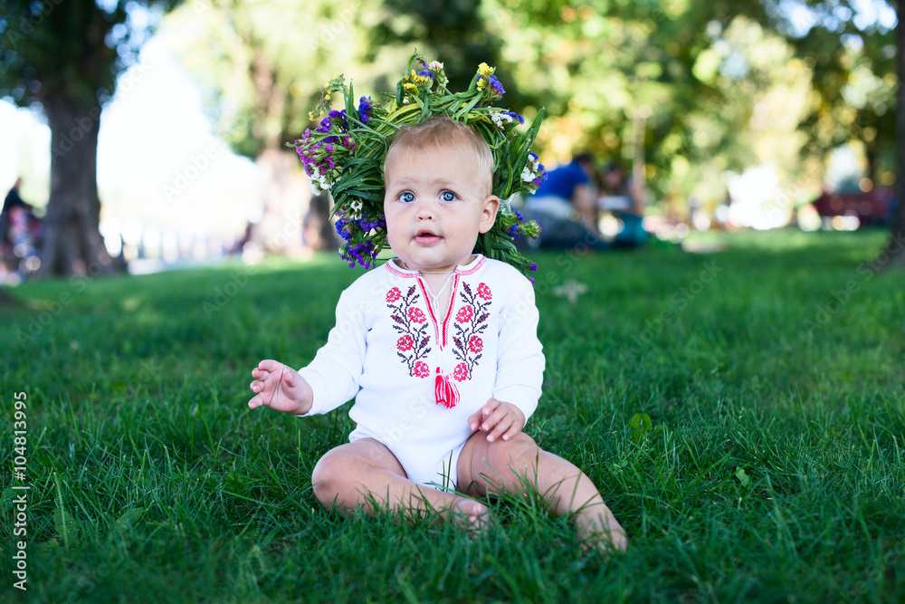 Happy Little Girl having Fun at the Summer Park. Cute Child with Flowers Wreath. Healthy Kids. Vintage Photo Effects Happy Little Girl having Fun at the Summer Park. Cute Child with Flowers Wreath. Healthy Kids. Vintage Photo Effects