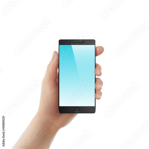 Human hand with phone on white background
