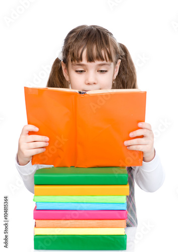 small girl reading books. isolated on white background
