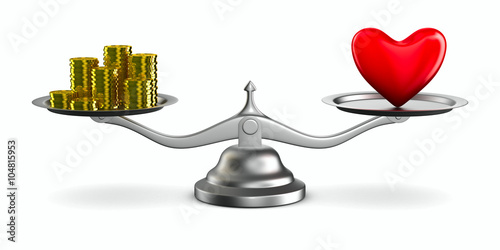 Heart and money on scales. Isolated 3D image