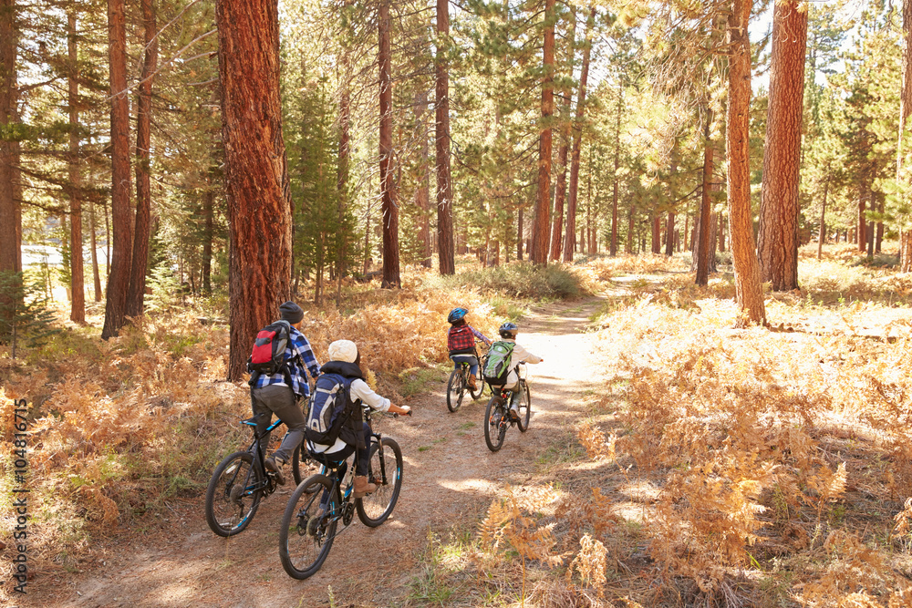African American Family Cycling Through Fall Woodland African American Family Cycling Through Fall Woodland