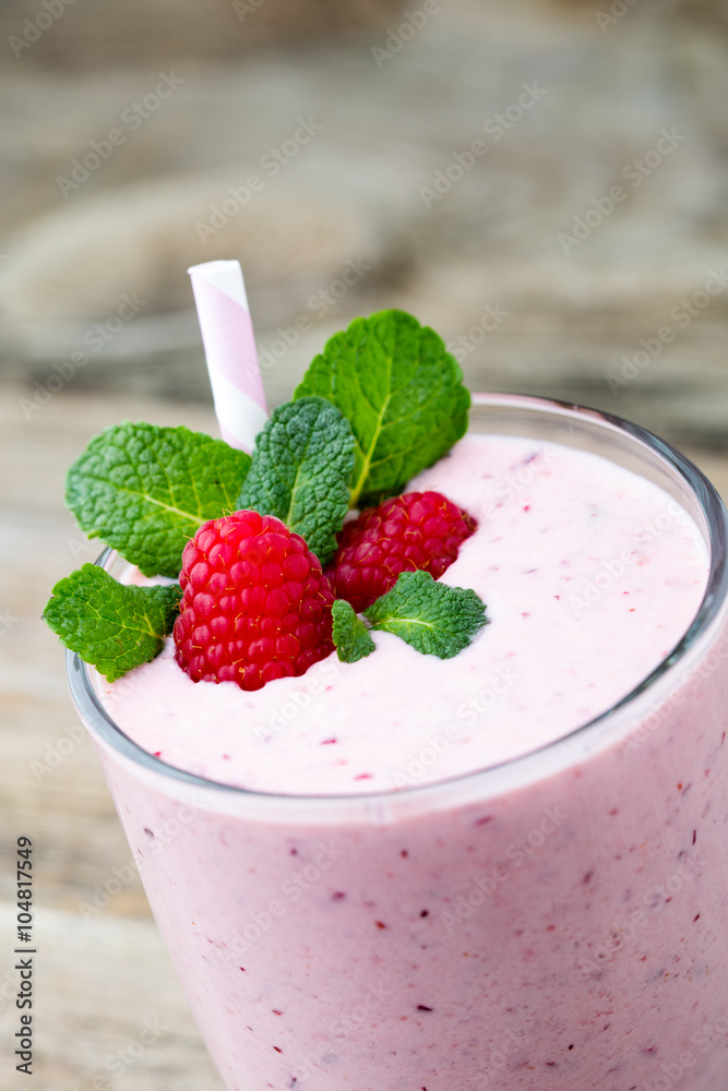 Raspberry milk shake with mint decor. Raspberry milk shake with mint decor.