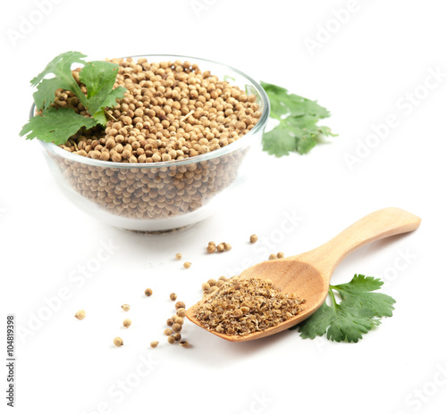 Coriander Leaves And Seeds in jars and on white