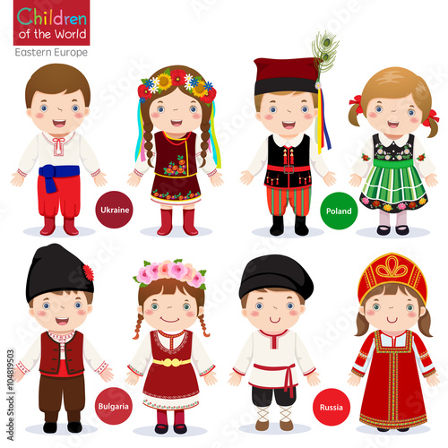 Kids in different traditional costumes (Ukraine, Poland, Bulgari