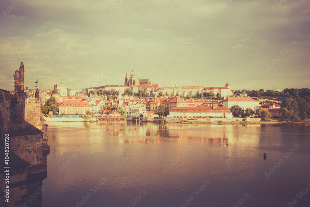 Vintage style image of Prague cityscape
