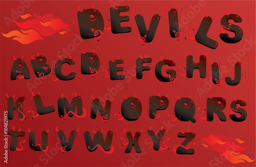 Alphabet with funny demons letters and fire