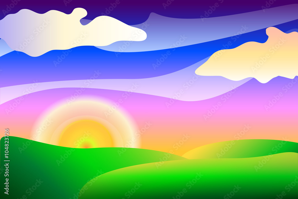 Obraz premium Cartoon landscape with sun vector background