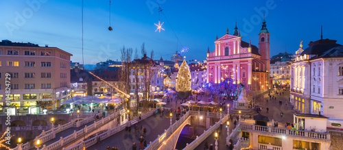 Romantic Ljubljana's city center decorated for Christmas holiday. Preseren's square, Ljubljana, Slovenia, Europe. Panoramic view. © kasto