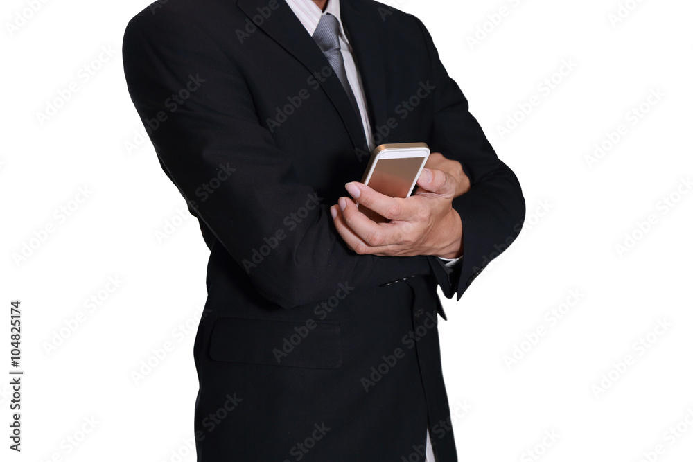 Business man hand hold smart phone, mobile on white background as communication concept. Business man hand hold smart phone, mobile on white background as communication concept.
