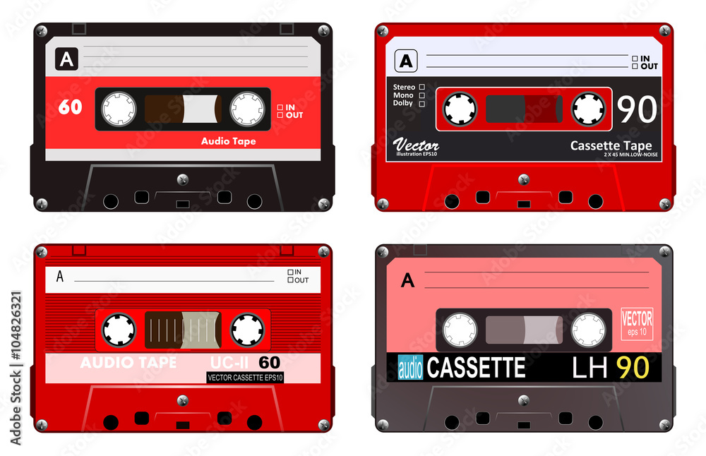 Vecteur Stock Collection of four plastic audio cassettes tape. Different  colorful music tapes. Red set. old technology, realistic retro design,  vector art image illustration, isolated on white background eps10 | Adobe  Stock