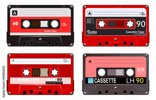 Collection of four plastic audio cassettes tape. Different colorful music tapes. Red set. old technology, realistic retro design, vector art image illustration, isolated on white background eps10