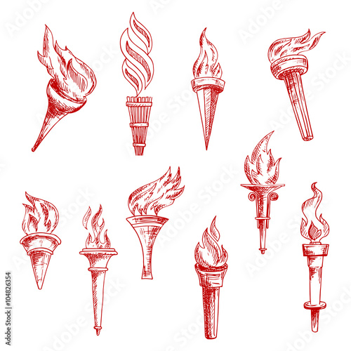 Red flaming torches sketch icons