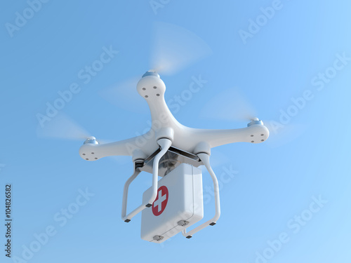 Drone quadcopter carrying first aid kit