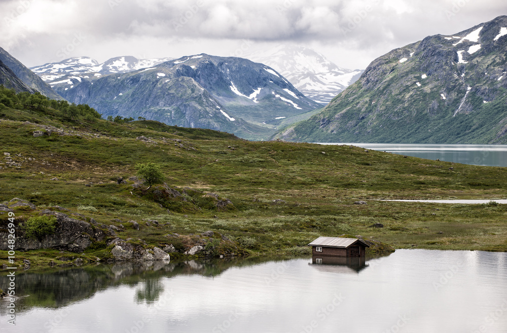 Beautiful landscape with lake, house trees and mountains, central Norway
