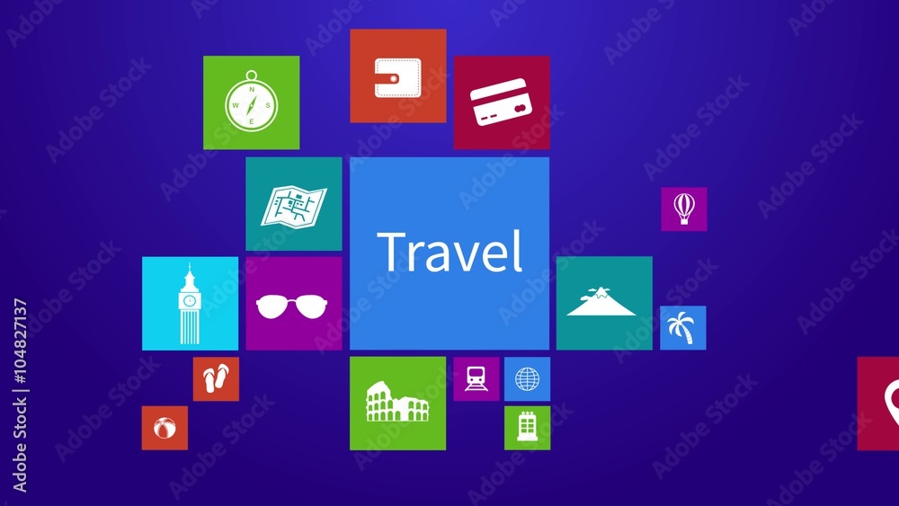 Trendy travel transportation and tourism computer or mobile application app program animation with icon tool in colorful geometric square block window background  with header text in 4k ultra HD