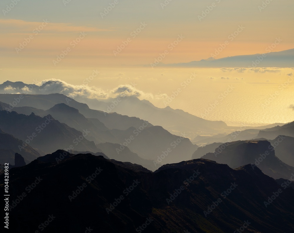 Silhouettes of mountains at sunset, Canary islands