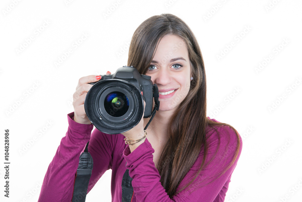 Attractive brunette girl camera composing woman photograph in studio Attractive brunette girl camera composing woman photograph in studio