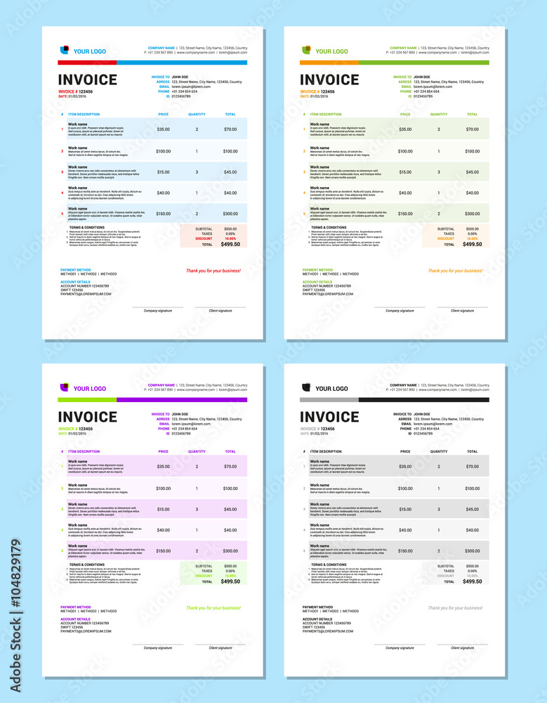 Set of Vector Invoice Design Templates. Stationery Design. Vector Illustration