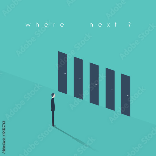 Business decision concept illustration. Businessman standing in front of doors as symbol for choice, career path or opportunities.