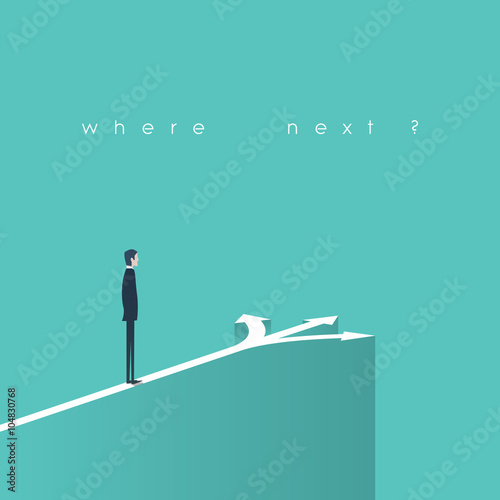 Business decision concept illustration. Businessman standing in front of arrows as symbol for choice, career path or opportunities.