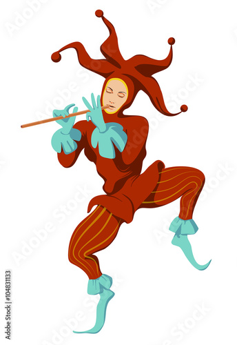 dancing red buffoon with flute