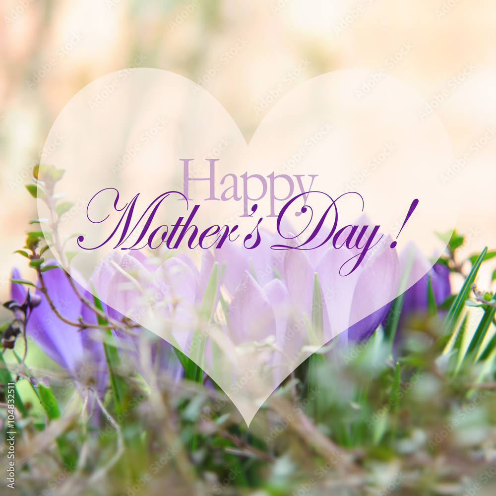 Mothers day card with flowers and heart. Purple flowers for mother day