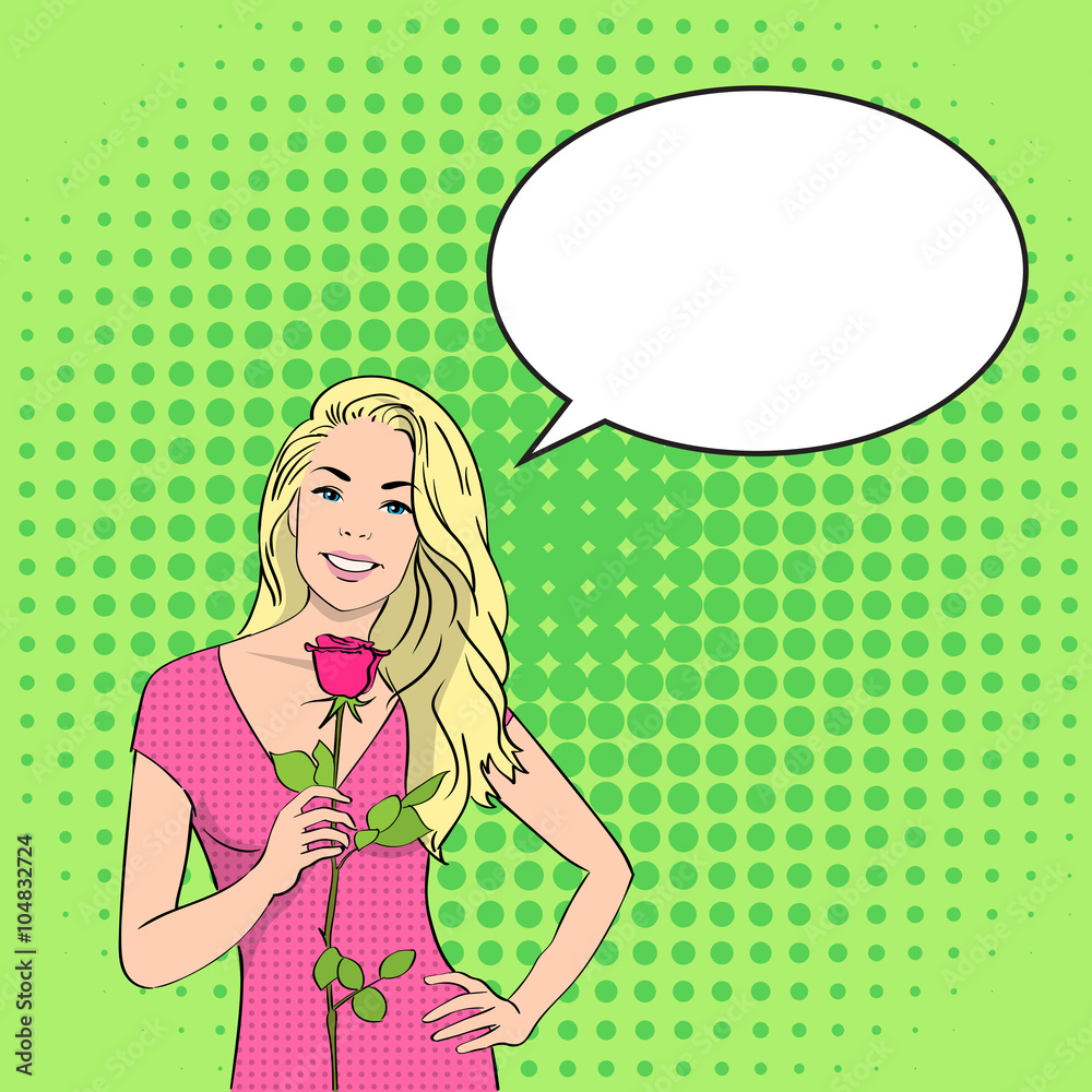 Woman Hold Rose Flower Chat Bubble 8 March Pop Art Colorful Retro Style Woman Hold Rose Flower Chat Bubble 8 March Pop Art Colorful Retro Style