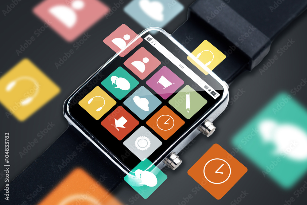 close up of smart watch with menu icons on screen close up of smart watch with menu icons on screen