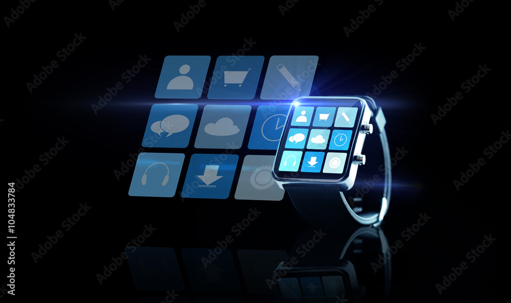 close up of black smartwatch with app icons close up of black smartwatch with app icons