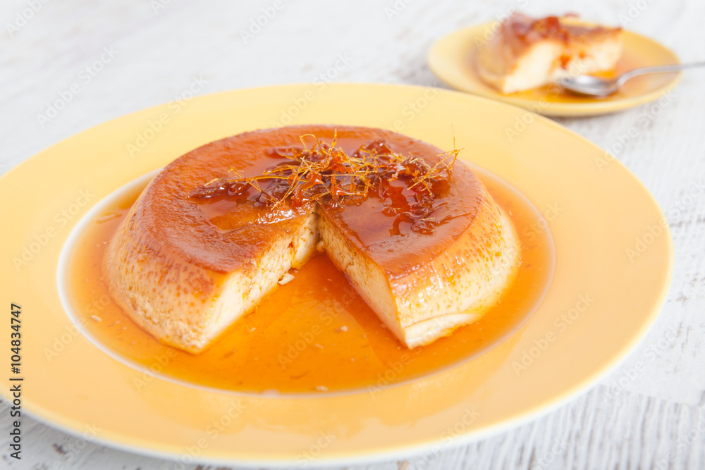 Homemade custard pudding served with caramel Homemade custard pudding served with caramel