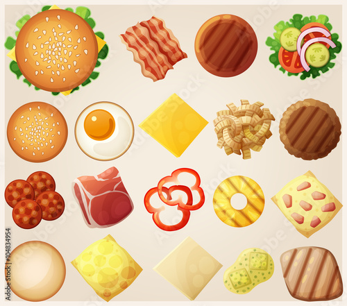 Burgers set. Top view. Ingredients: buns, cheese, bacon, tomato, onion, lettuce, cucumbers, pickle onions, beefs, ham. Vector illustration.