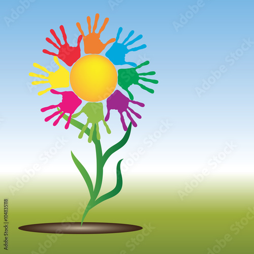 Vector conceptual sun with children hand print circle flower