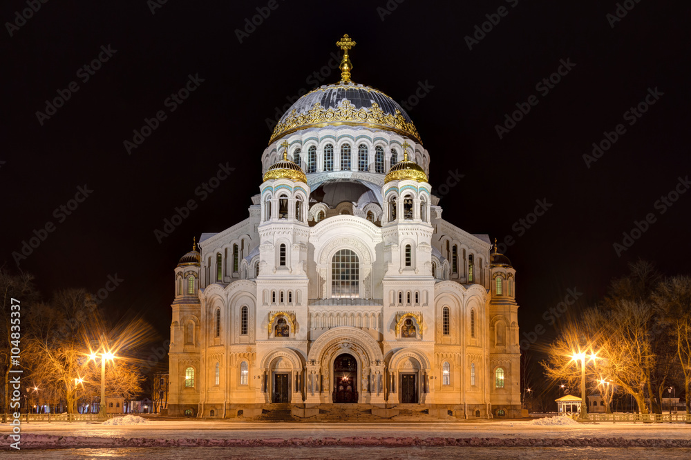 The Naval cathedral of Saint Nicholas in night winer scene, Kronstadt, Russia. HDR.