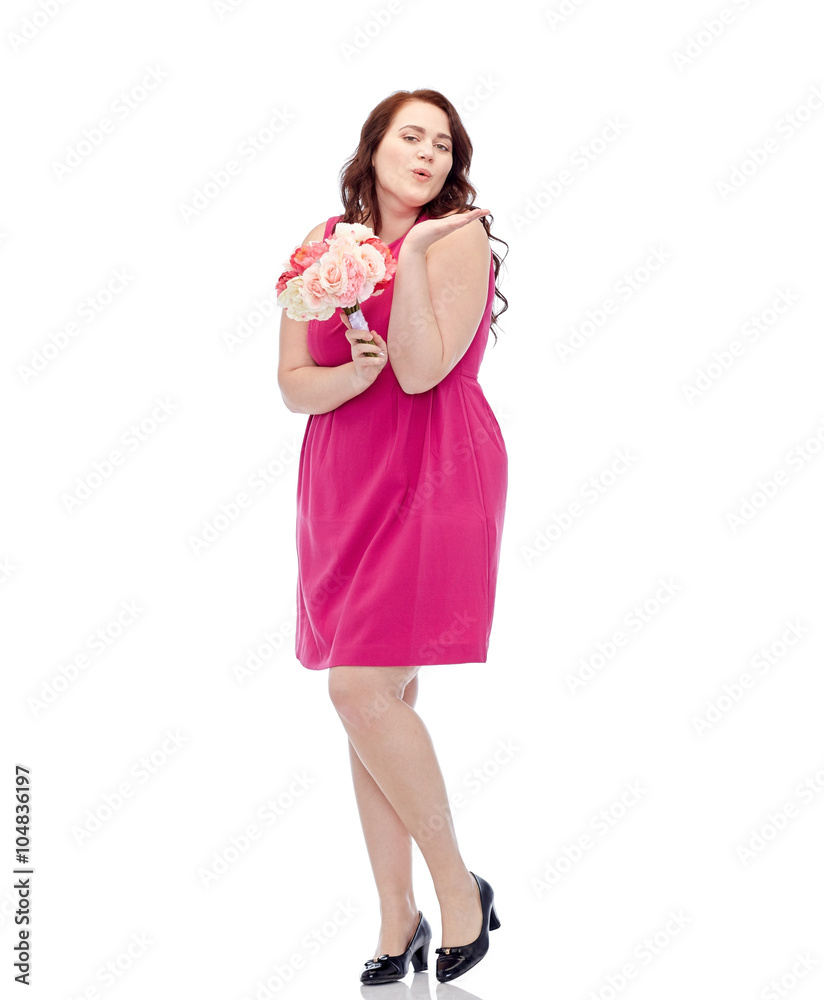 happy young plus size woman with flower bunch happy young plus size woman with flower bunch