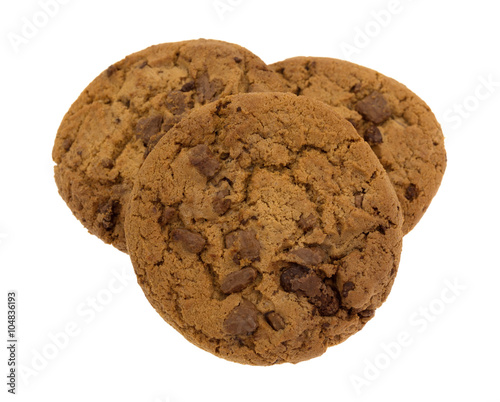 Gourmet milk chocolate chip cookies isolated on a white background.