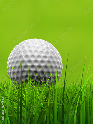 Green 3d conceptual grass background with a white golf ball