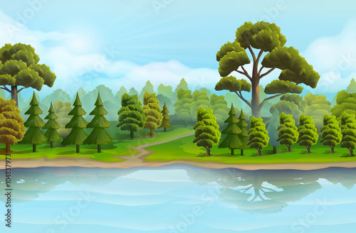 River and the forest, nature landscape, vector background