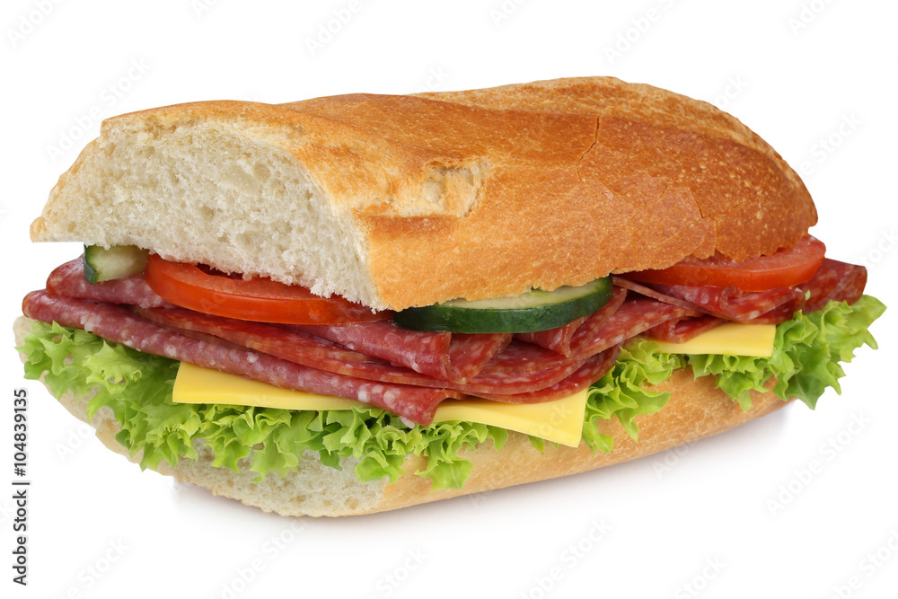 Belegtes Baguette zum Frühstück mit Salami Schinken Freistelle Belegtes Baguette zum Frühstück mit Salami Schinken Freistelle