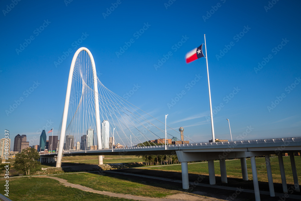 Dallas downtown skyline and Margaret hut hills bridge