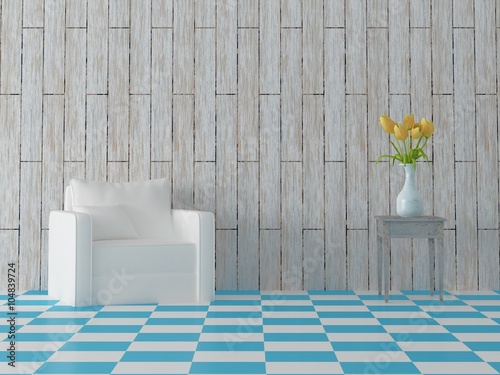 Render of comosition with blue tiles white sofa, yellow tulips in bowl and vintage hardwood wall photo
