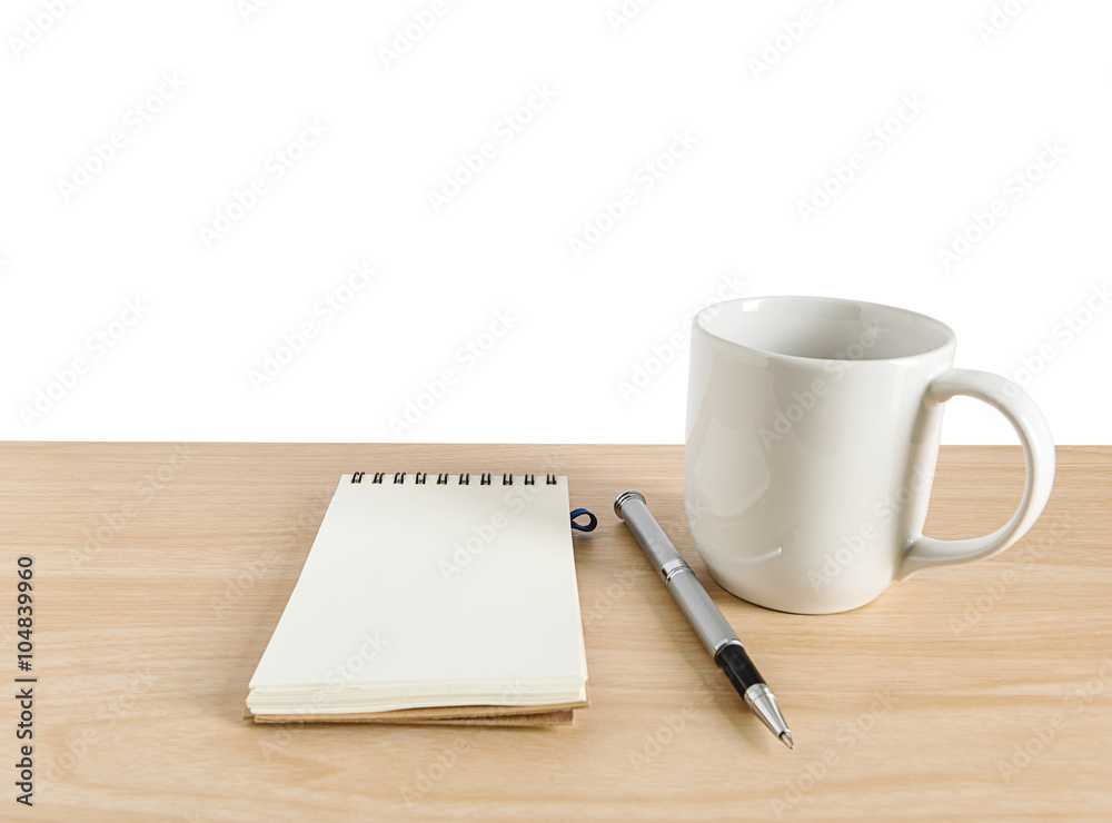 notebook with pen and coffee on wooden table with white background notebook with pen and coffee on wooden table with white background
